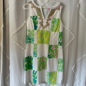 Lily Pulitzer classic shift dress size 8. White with patchwork and gold braid tr